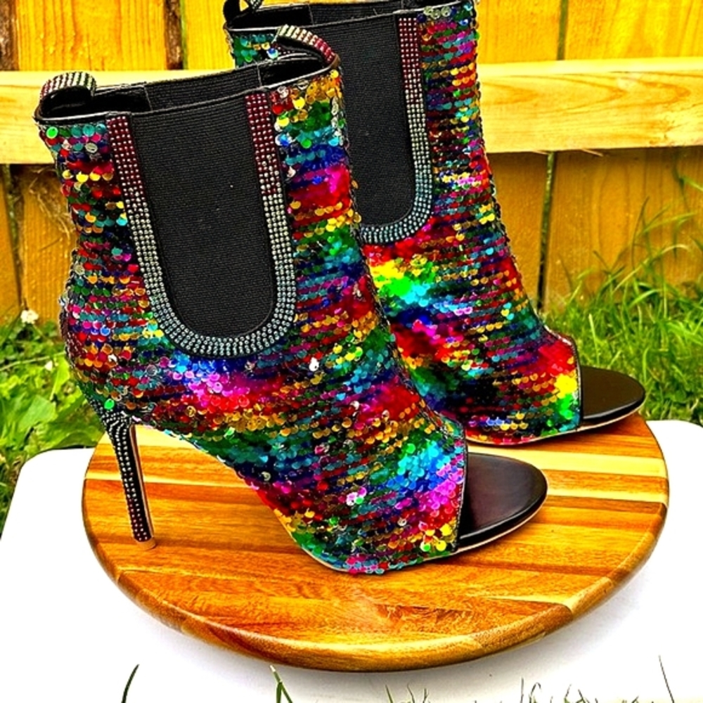 *Cape Robbin Open Toe Multicolor Sequin High Heel Booties - Picture 4 of 11